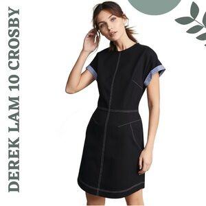 Derek Lam 10 Crosby Black Dress Size 2 Cotton Stretch Contrast Stitch Shift
